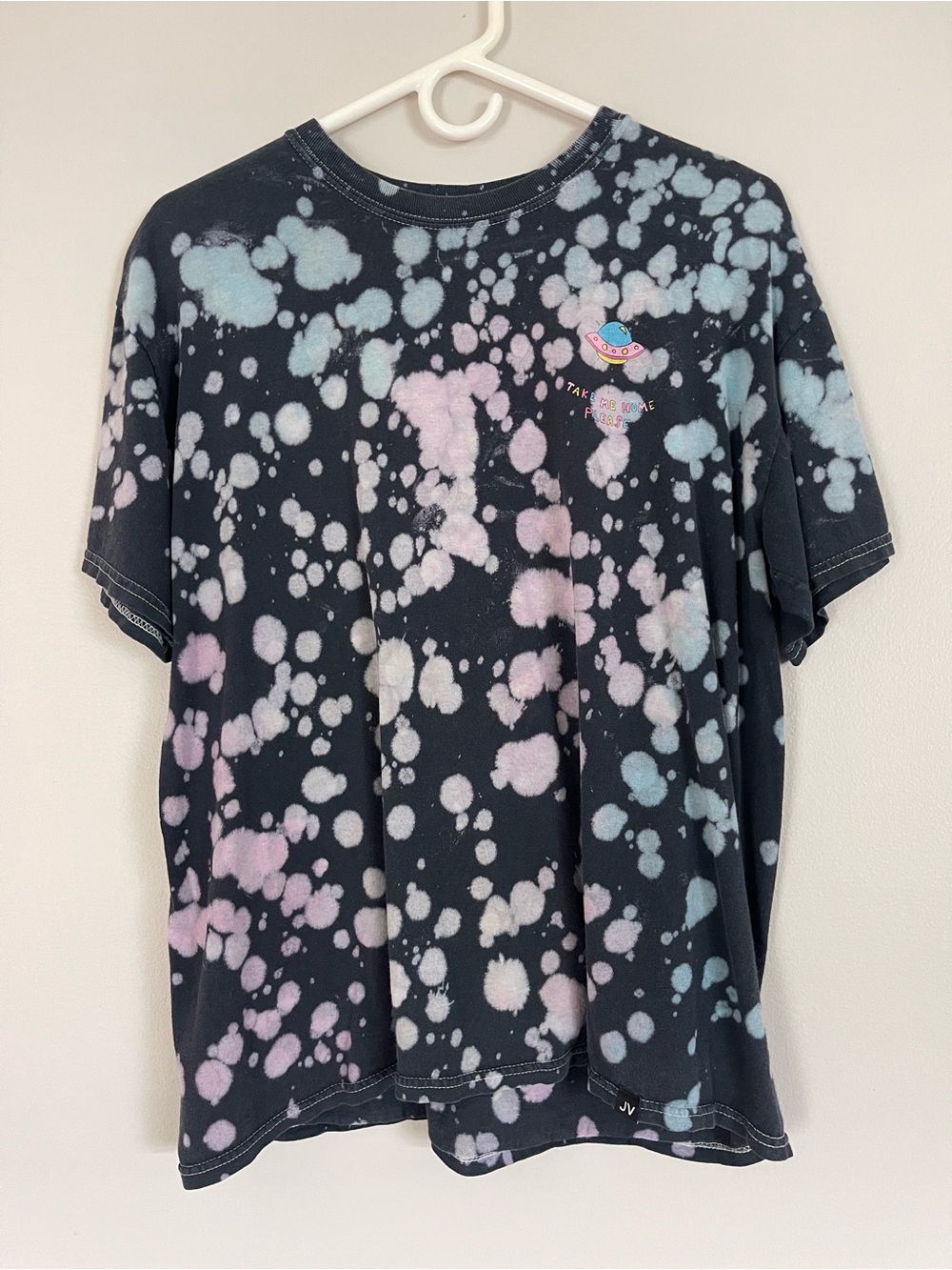 Bleached Black Tee with Pastel Pink & Blue Splatter - Take Me Home Please UFO
